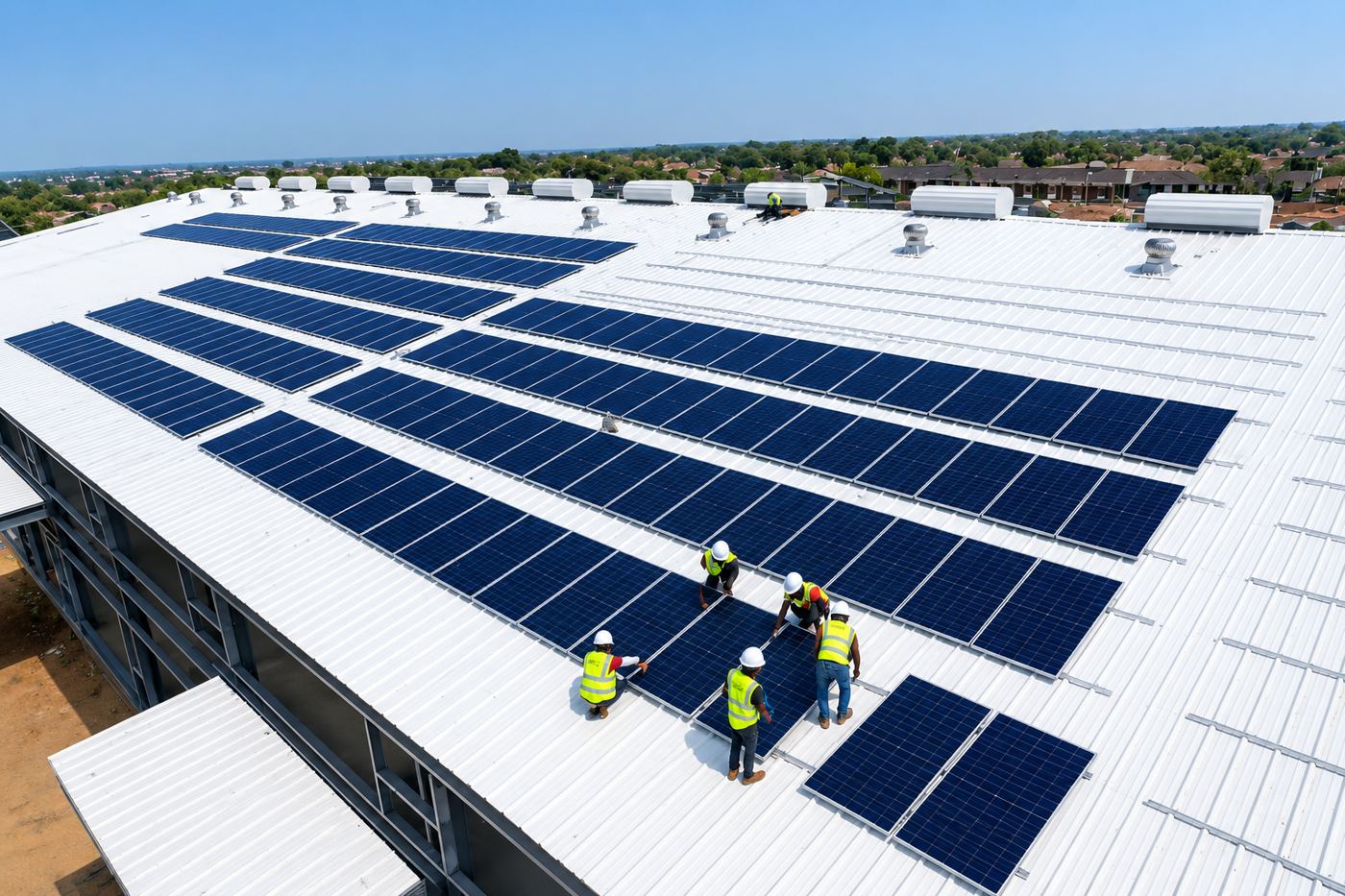 Adimsira field engineers installing a large-scale rooftop solar array