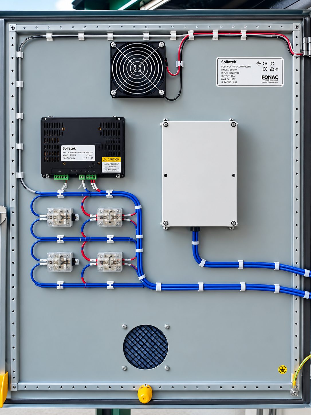 Solar charge controller and wiring inside a street lighting control enclosure