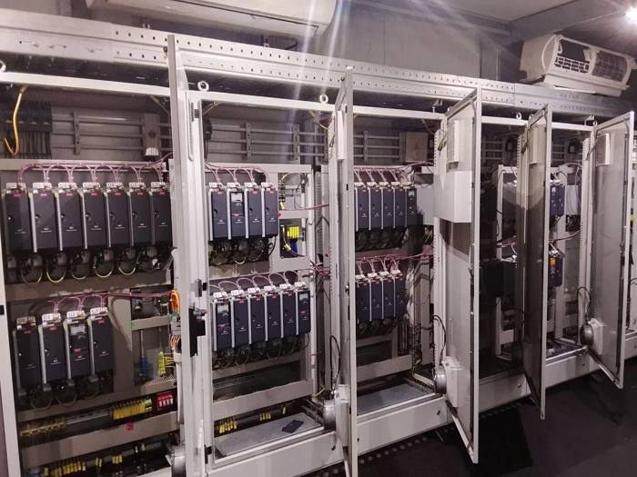 Row of Danfoss VLT variable frequency drive cabinets