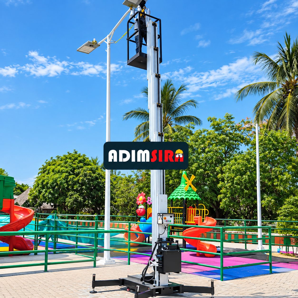 Field team installing a solar street light using an elevated work platform